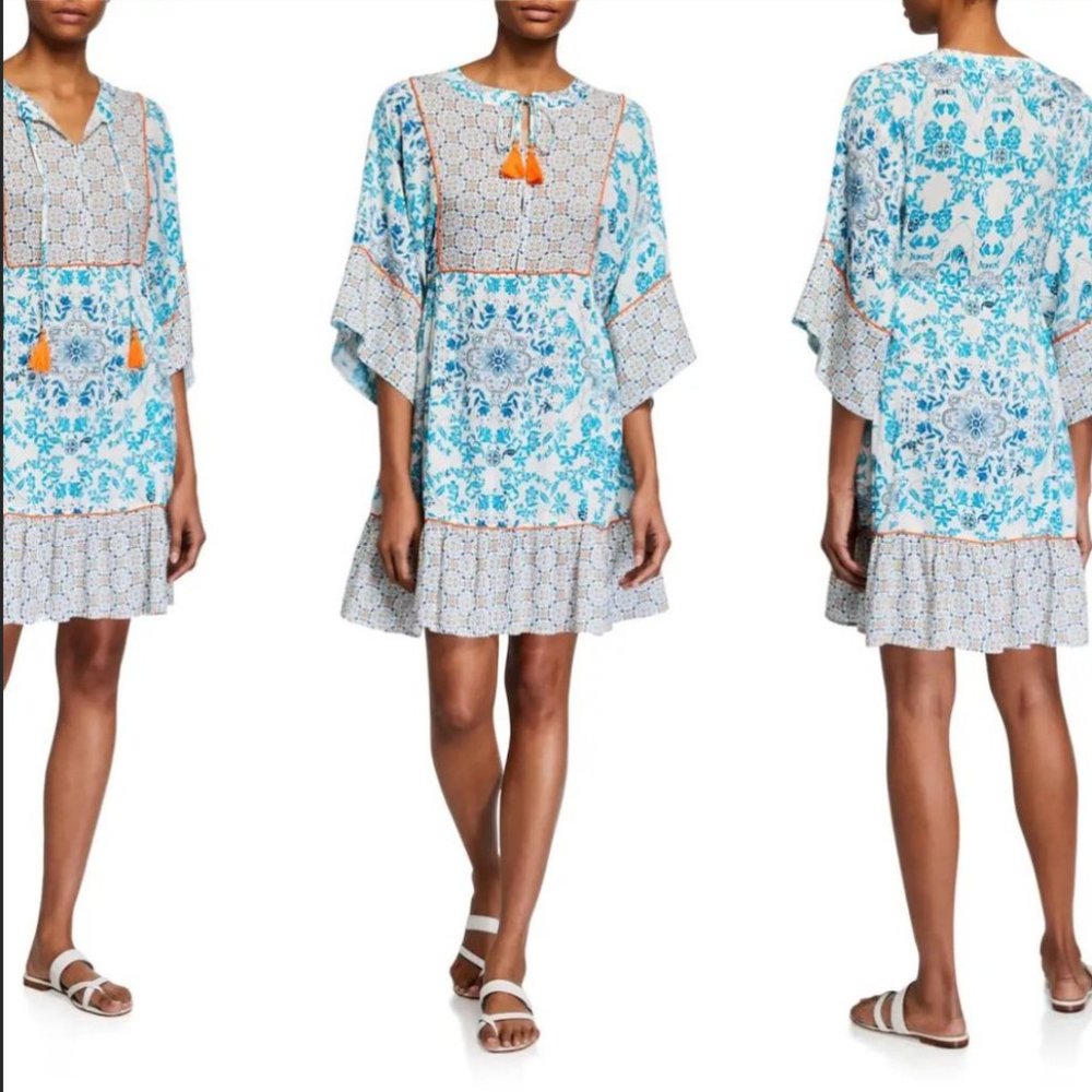 Johnny Was "Ellyo" tunic dress / swim coverup, 1x plus, split neckline w tassels